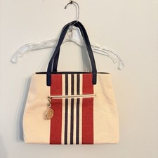 NWT Tommy Hilfiger Beige Canvas Tote Bag Red Blue Center Stripe Double Straps