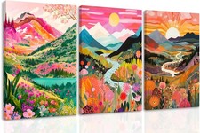 3 Piece Colorful Watercolor Mountain Canvas Wall Art Boho Floral Painting Pic...