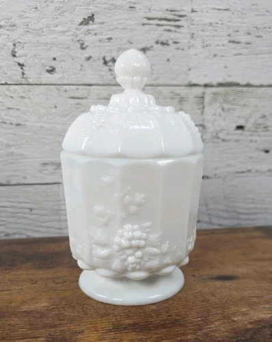 Vintage Westmoreland Milk Glass Paneled Grape Covered Candy Dish/Compote