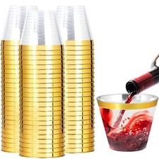 200 Pack Gold Plastic Cups, 9 Oz Elegant Clear Plastic Cups Gold Rimmed Dispo...