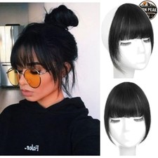 Human Hair Clip In Bangs Jet Black Wispy Fake Fringe Easy Wear Hairpiece