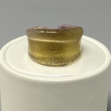 Hand Blown Fused Glass Ring Gold Sparkly Chunky Lampwork Artisan 6.5