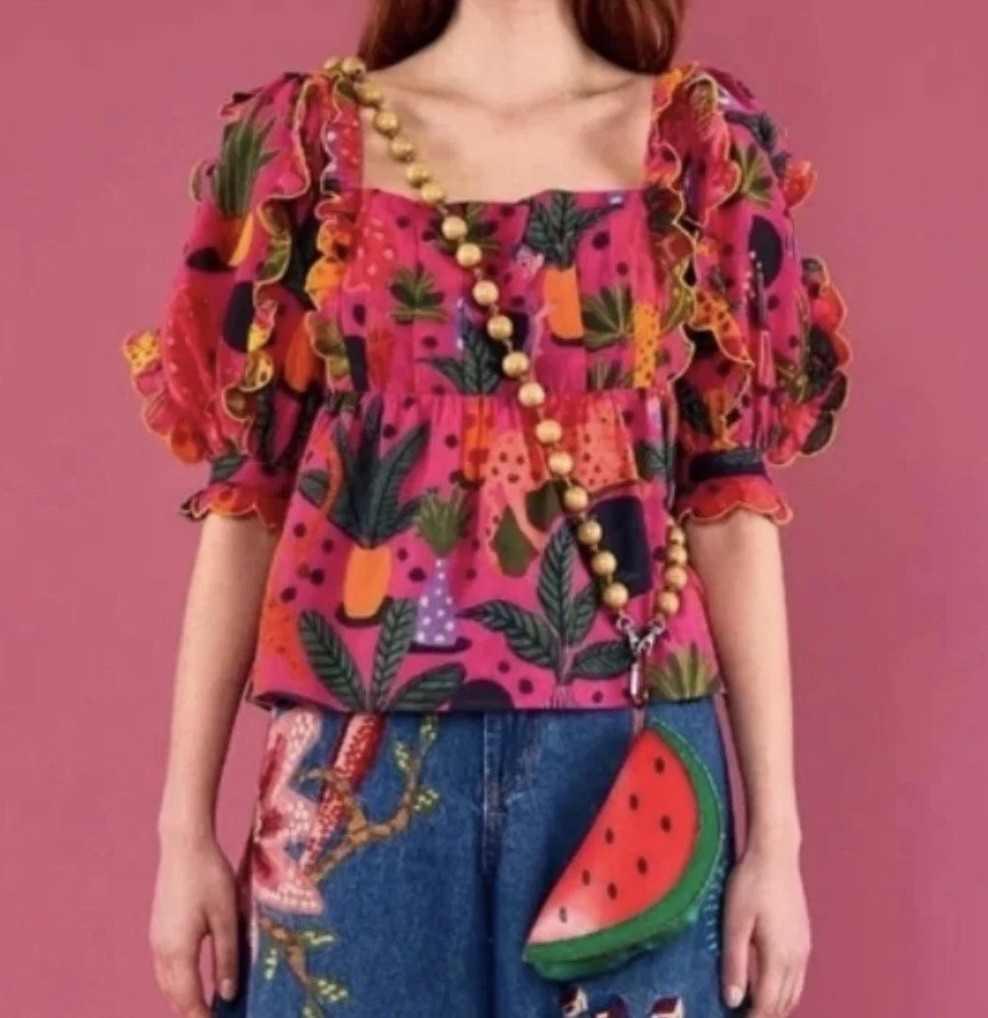 Farm Rio magenta pink Pop Leopards 100% cotton blouse size XL