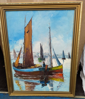 Alvaro Motta e Sousa Ölgemälde Boote Meereslandschaft gerahmt 18x14 signiert maritim