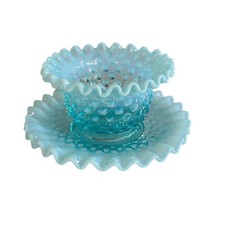 Vintage 1950's Fenton Blue Opalescent Hobnail 2 Piece Mayonnaise Set