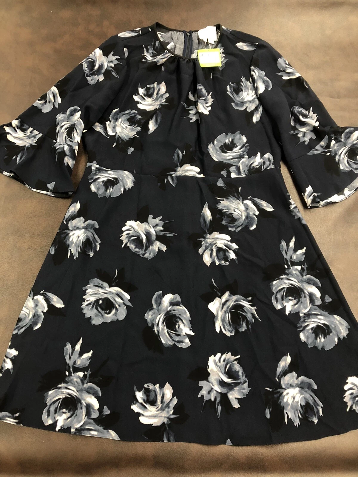 Kate Spade Night Rose Crepe Dress Size 16 Navy White Floral Bell Sleeve New $328