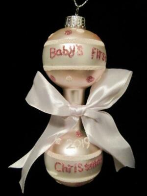 BLOWN GLASS 2019 BABY'S FIRST~1ST CHRISTMAS RATTLE ORNAMENT~PINK~GIRL ...