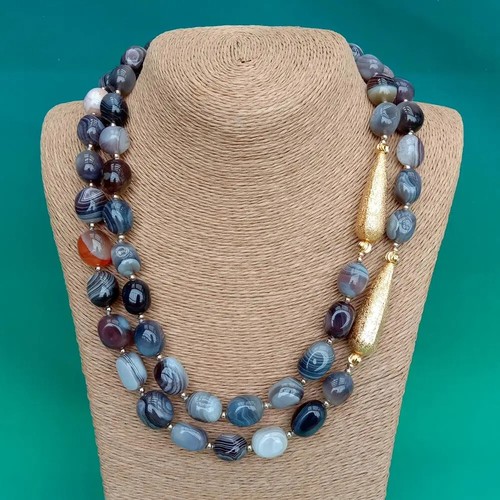 2 Strand Natural Gray Botswana Sardonyx Agates Gold Plated Brushed Bead Necklace - Picture 10 of 10