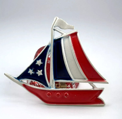 Vtg ORNK Marked Red White & Blue Enamel American Flag Sailboat Lapel Pin Brooch