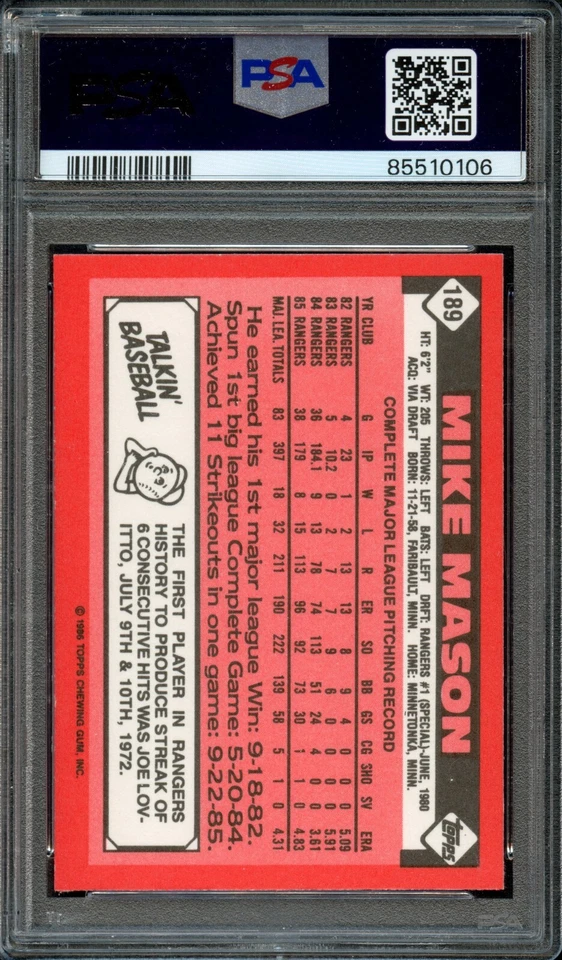BB - 1986 Topps Tiffany - #189 - Mike Mason - PSA 10 - GEM MT - Image 2 of 2