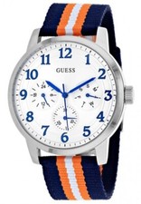 Guess 45mm Silver Tone Multifunction Blue Orange & White Nylon Band Mens W0975G2