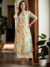 Amira's Women Floral Print Pure Cotton A-line Kurta Beige 