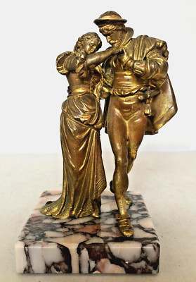 Antique French Gilded ant Patinated Bronze Statue of Lovers On Fancy Marble Base
