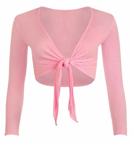 Ladies Long Sleeve Tie Up Front Cropped Shrug Womens Bolero Plain Cardigan Top - Picture 3 of 20