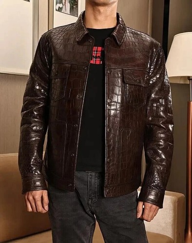 Men genuine Lambskin Alligator crocodile Pattern leather Trucker Jacket - Afbeelding 1 van 4