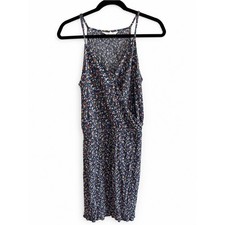 Market & Spruce Navy Ditsy Floral Wrap Midi Dress Rayon Spaghetti Strap Pocket S