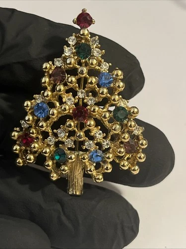 Vintage Eisenberg Christmas Tree Brooch Pin Gold Tone Colorful Holiday Estate