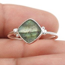 Square Natural Labradorite Sterling Silver Birthday Band Bezel Ring Jewelry US 8