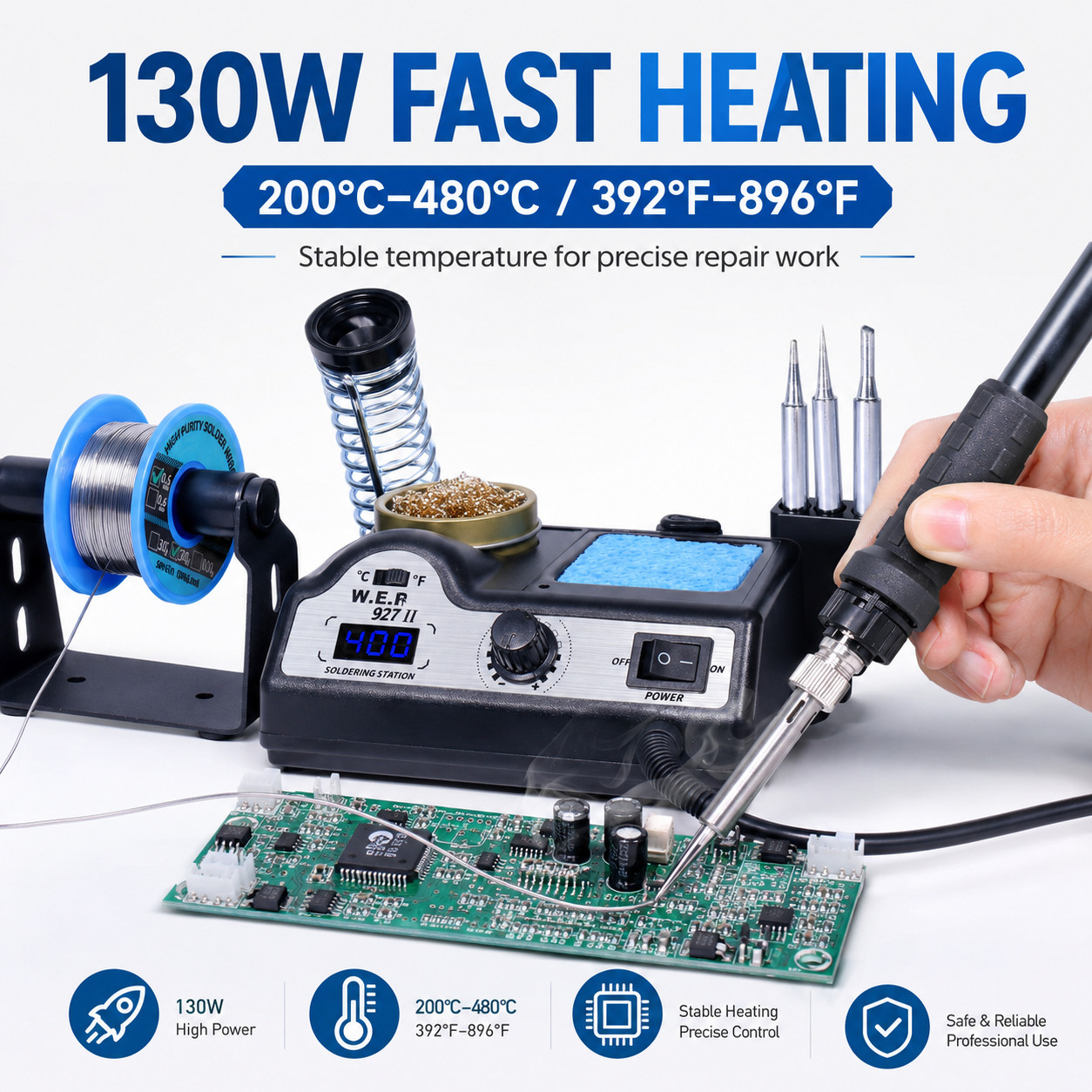 130W Adjustable Temperature Soldering Iron Station Kit for Welding Repair UK SMD