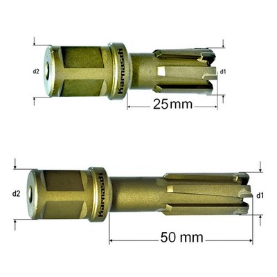 HM-bestückter Kernbohrer, Bohrkrone, 25 & 50mm Nutzlänge, Hardox, Weldon 19mm