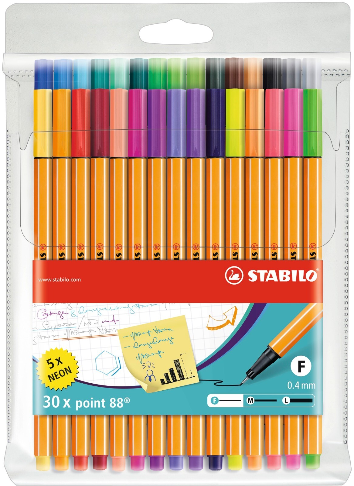 Fineliner - STABILO point 88 - Pack of 30 - Assorted Colours inc. 5 Neon Colours