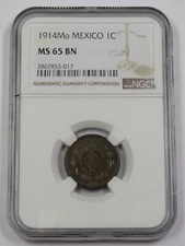 1914 Mo NGC MS65 BN Brown Mint State 1 Centavo 1c Mexico Coin Item #33644A