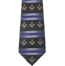 Freemason's Tie - Black Polyester Long Necktie Gold Masonic Striped Pattern