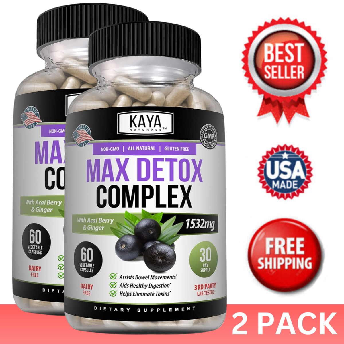2 Pack) Max Detox 60ct Colon Cleanse Detox Toxins Energy Boost