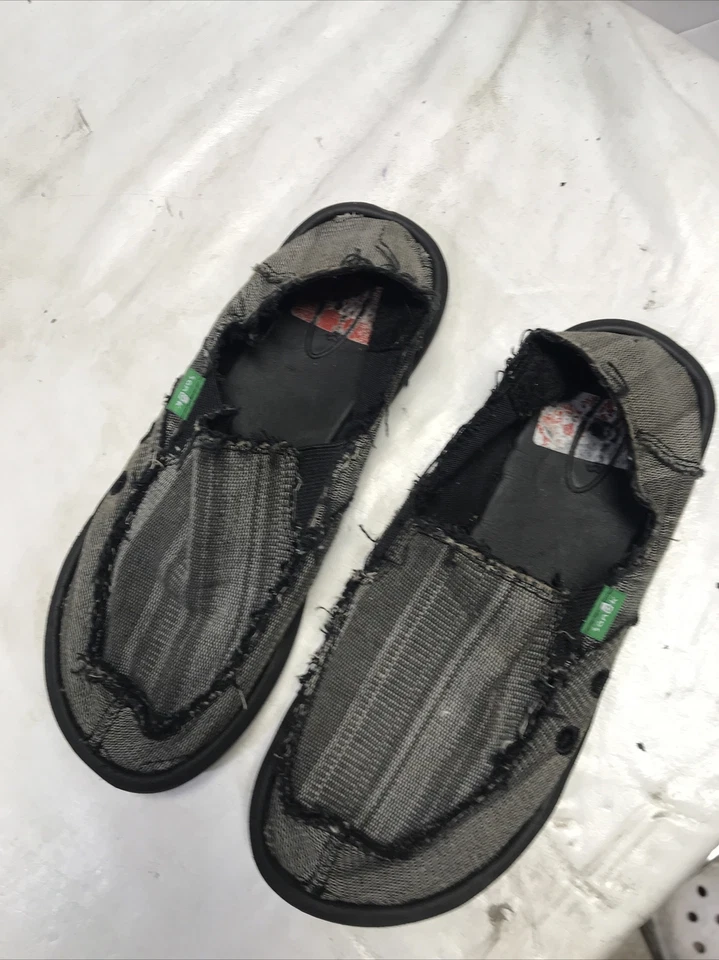 Sanuk 男孩帆布懒人鞋凉鞋 CL 0909 灰色黑色 3 码二手完好 — 第 2/4 张图片