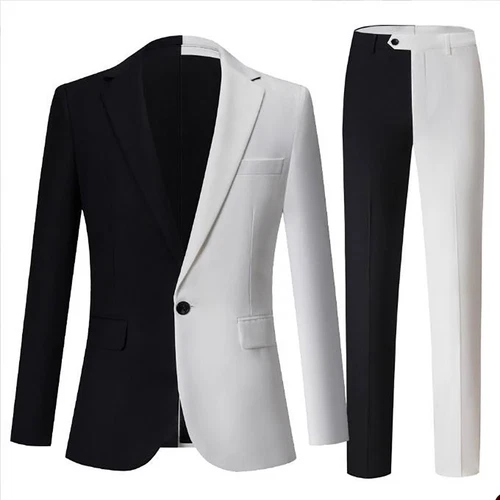 Men's Black and White Spliced Two-Piece Notch Lapel Casual Suit with Trousers - Bild 2 von 12