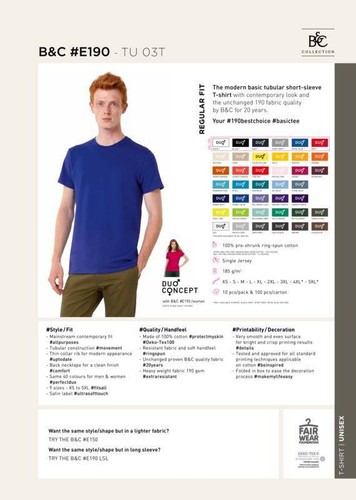 B&C Collection #E190 TU03T - Mens Plain Cotton T-Shirt Mid Weight Straight F (A) - Foto 2 di 88