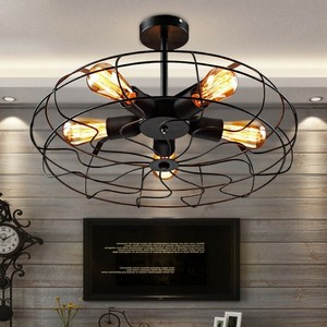 Retro Wrought Iron Black Fan Semi Flush Mount Ceiling Light 5