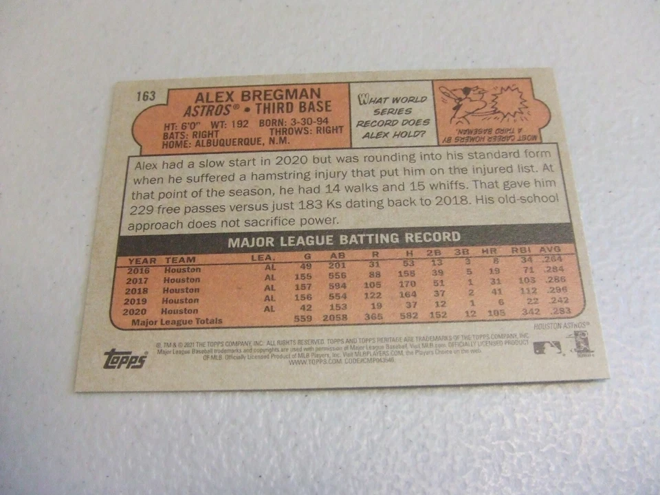 2021 Topps Heritage #163 Print Error Wrong Back Kyle Seager w/Alex Bregman  SP - Image 2 of 2