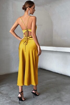 shein yellow satin dress Shein yellow long satin dress size S