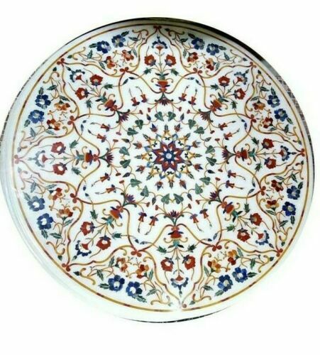 42 Inch White Marble Table with Semi-Precious Stone Pietradura Inlay Home Decor