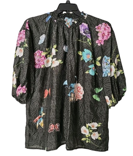 Johnny Was Womens Blooming La Belle 100% Silk Blouse Size Medium Ruched V Neck