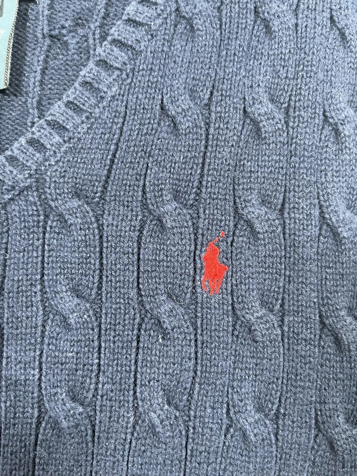 Polo Ralph Lauren Suéter Chaleco Niños 7 Azul Marino Tejido con Cable Cuello en V Rojo Poni Algodón Foto 4 de 4