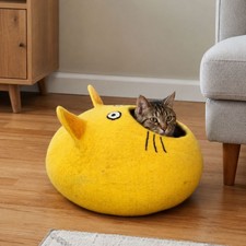 Yellow, Cat Design Bed for your Kitty Handmade Wool Cat Cave Bed