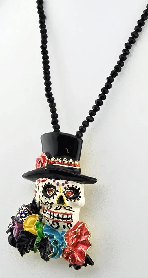 Kirks Folly Mr. Bones Sugar Skull Pin Pendant With Black Beaded Necklace GT #52 - Image 3 of 4