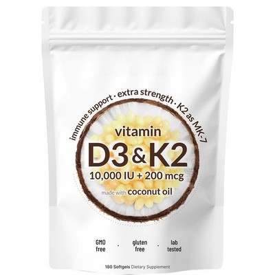 Ingredients Vitamin D3 10,000 IU K2 MK-7 200 mcg, 300 Softgel Virgin Coconut Oil