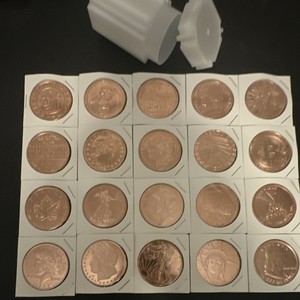 Mixed Copper Bullion Round Lot in flips - Bitcoin, Morgan, Peace w/tube #14