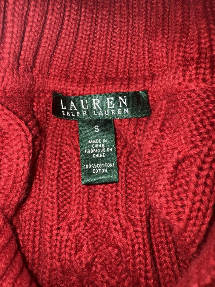 LAUREN RALPH LAUREN Women’s Red Cotton Cable Knit Collared Sweater Size Small - Image 3 of 4