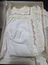 Vintage 1980 Christening Gown/Bonnet Set W/pink Flowers Lace In Original Box