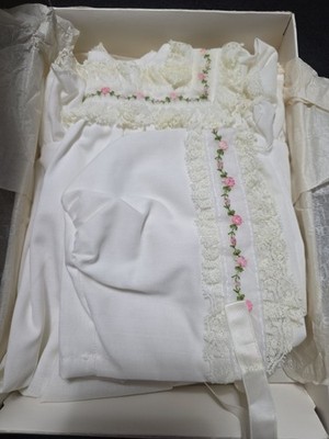 Vintage 1980  Christening Gown/Bonnet Set W/pink Flowers & Lace In Original Box
