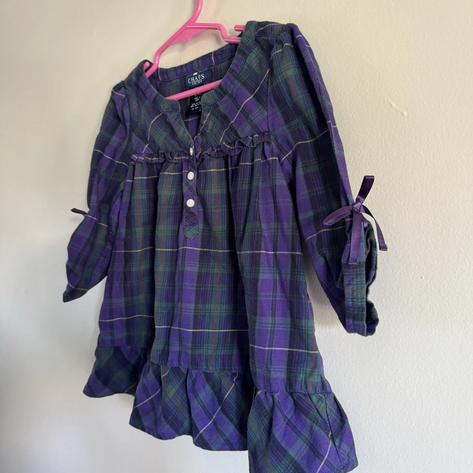 CHAPS Bebé Niñas Vestido Túnica Talla 4 Púrpura Cuadros Algodón 4T Camisa Blusa a Cuadros Foto 3 de 4