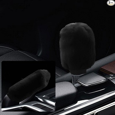 2PCS Plush Gear Shift Knob and Handbrake Cover, Soft Fluffy Prote Color: Black