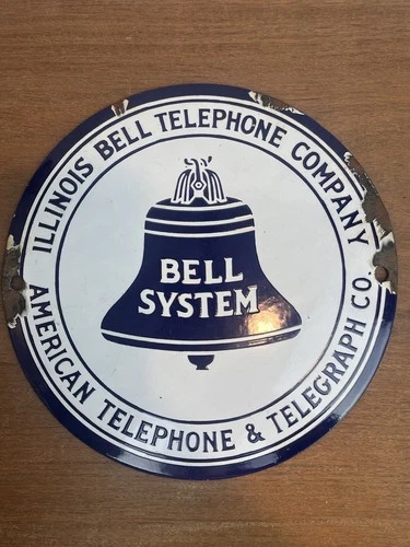 Antique Vintage Porcelain Illinois Bell Telephone Sign Round 1920’s-1940’s