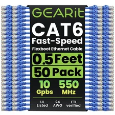 GEARit 50-Pack Cat6 Ethernet Patch Cables 6in Snagless Soft Blue Premium Series