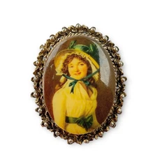 Vintage Portrait of Girl Georgian Style Acrylic Oval Brooch Pin Pendant