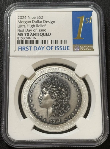 2024 1 Oz .999 Silver Niue $2 Antiqued Morgan Dollar Design Trib NGC MS 70 Coin!